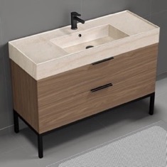 Modern Bathroom Vanity, Walnut, 48 inch, Travertine Style Sink, Free Standing